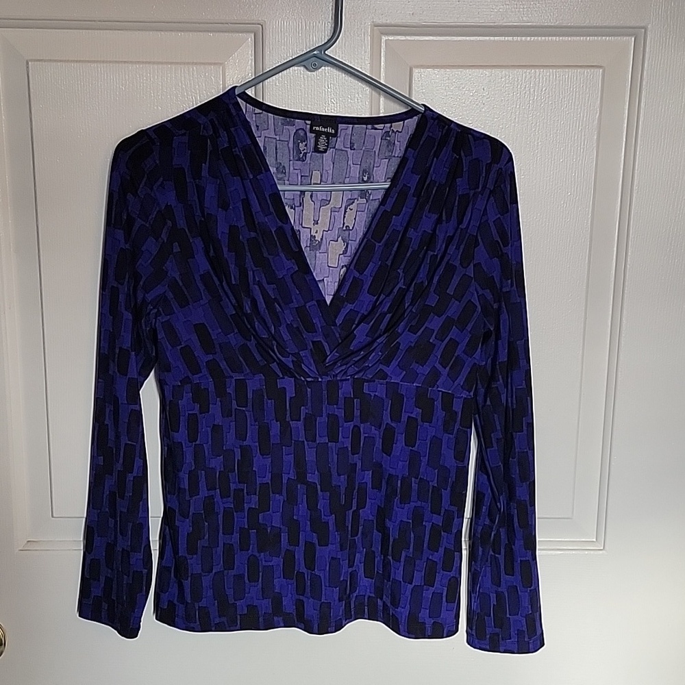 Rafaella women's V-neck blouse, dark purple and black, gently used, medium.